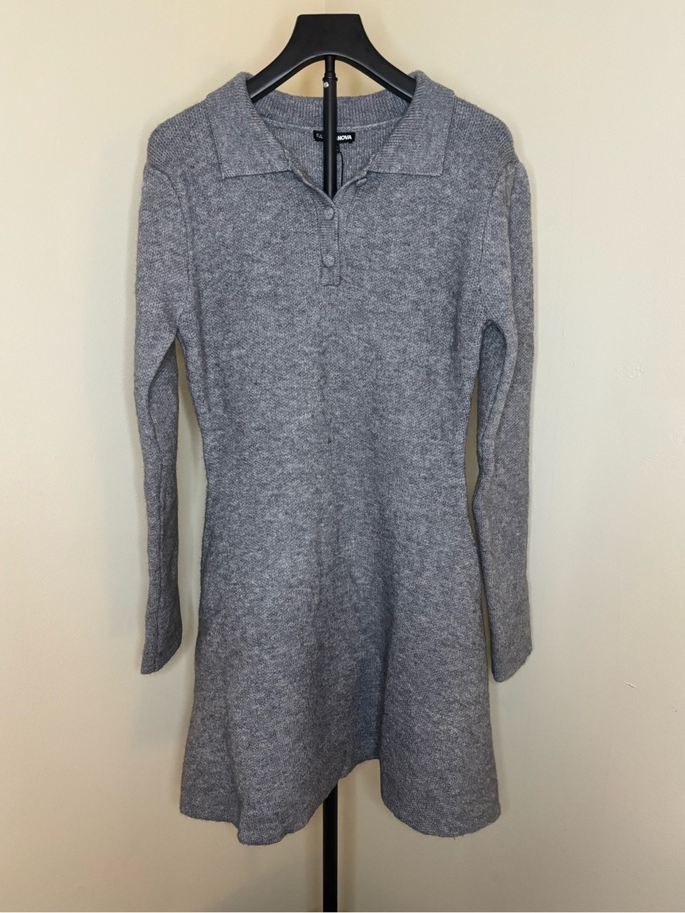 NWT Fashion Nova Gray Knit Polo Sweater Dress Long Sleeve A Line Mini Dress - Picture 2 of 5